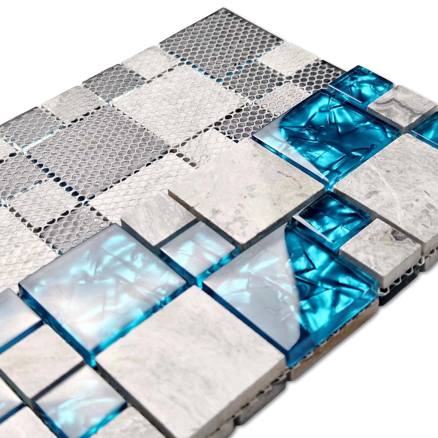 Premium Teal Blue Crystal Glass & Grey Stone Tile Modern Bathroom Shower Wall Versaille Patterns Mosaic for Kitchen Fireplace Decor (3"x12" Sample)