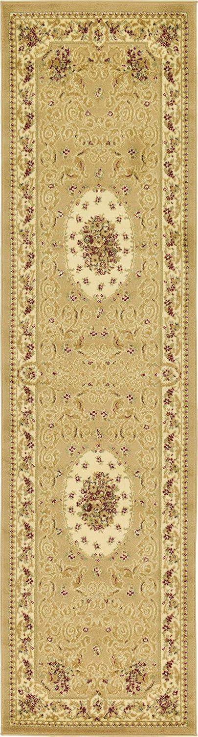 Tan Floral Synthetic Stain-Resistant Runner Rug