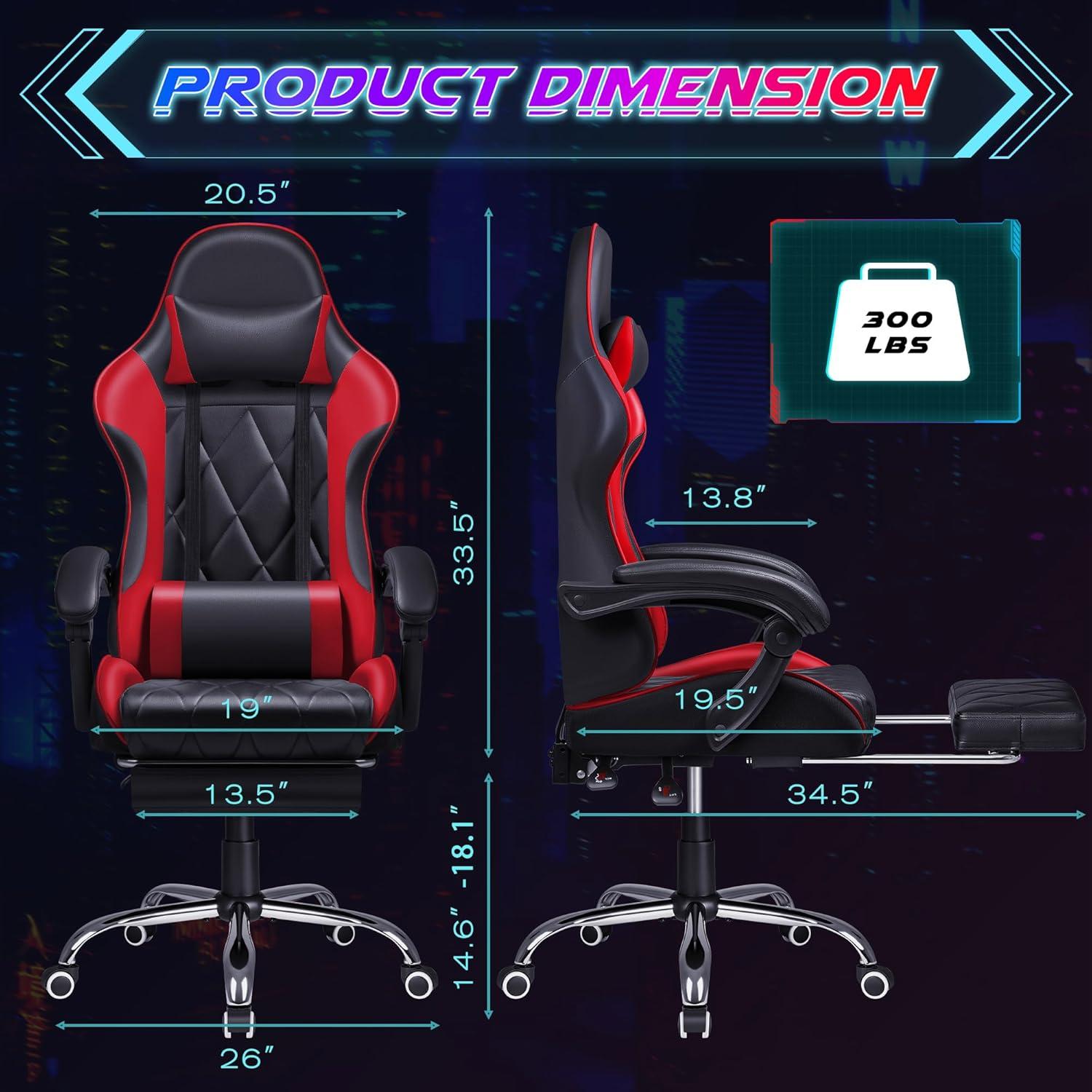 Shahoo Gaming Chair with Footrest and Massage Lumbar Support, Computer Game Chairs Ergonomic Office Seat Height Adjustable with Headrest, Red