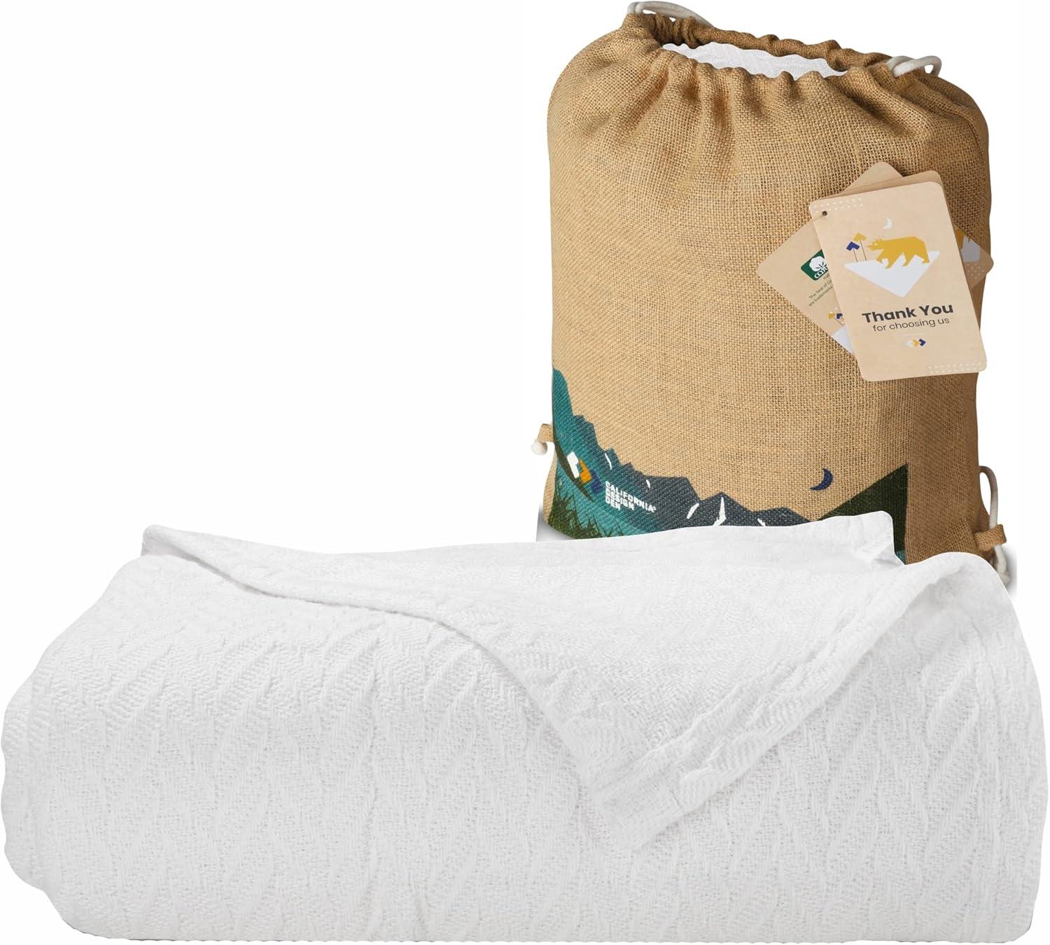 Bed Blanket | Soft 100% Cotton | Herringbone Design | All-Season Thermal Layering by California Design Den - Ivory, King (106" x 94")