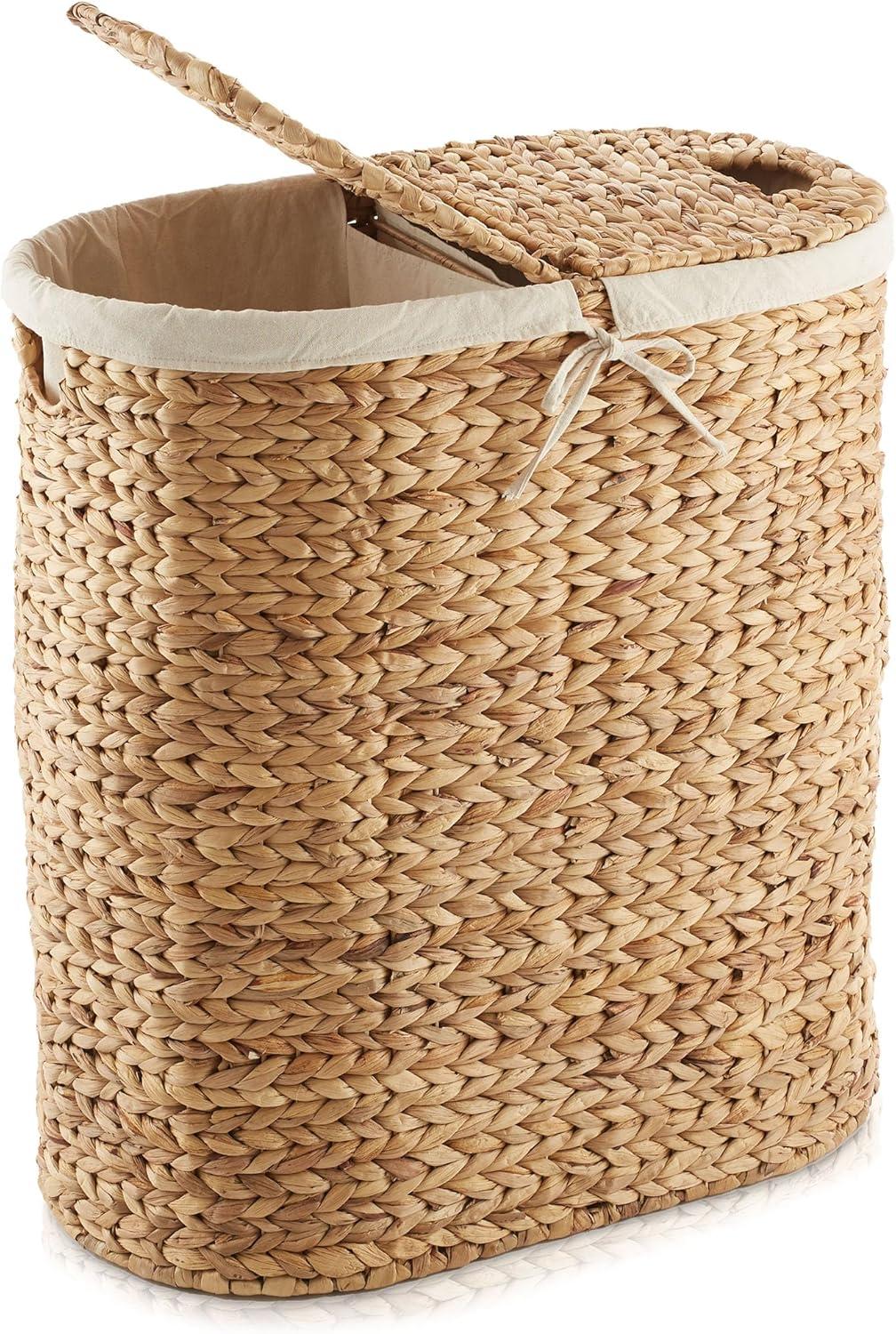 Natural Woven Water Hyacinth 2-Section Laundry Hamper with Lid