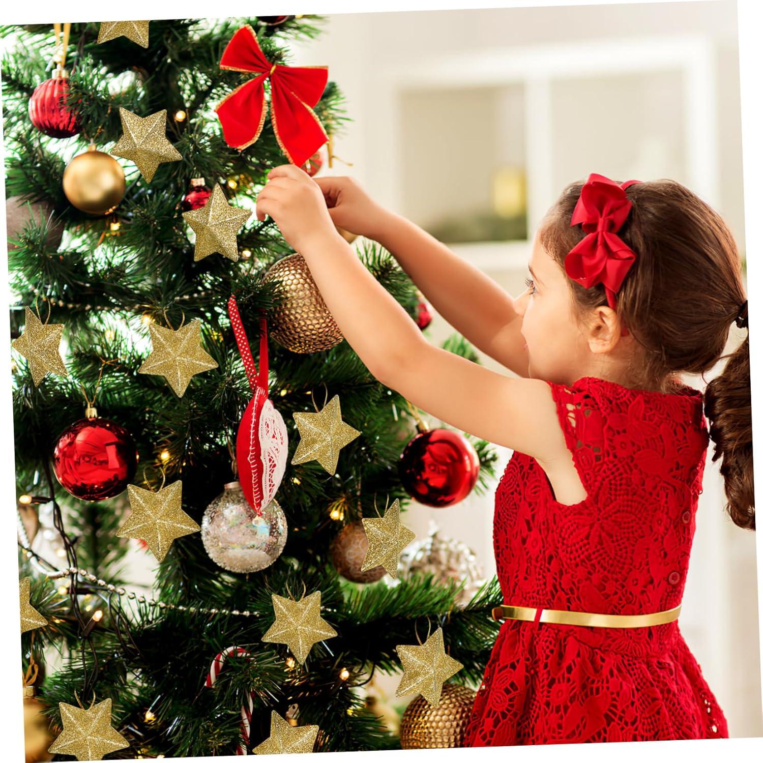 30Pcs Mini Gold Glitter Star Pendant Christmas Tree Hanging Decorations Xmas Star Pendant Tree Ornament Decoration for Christmas