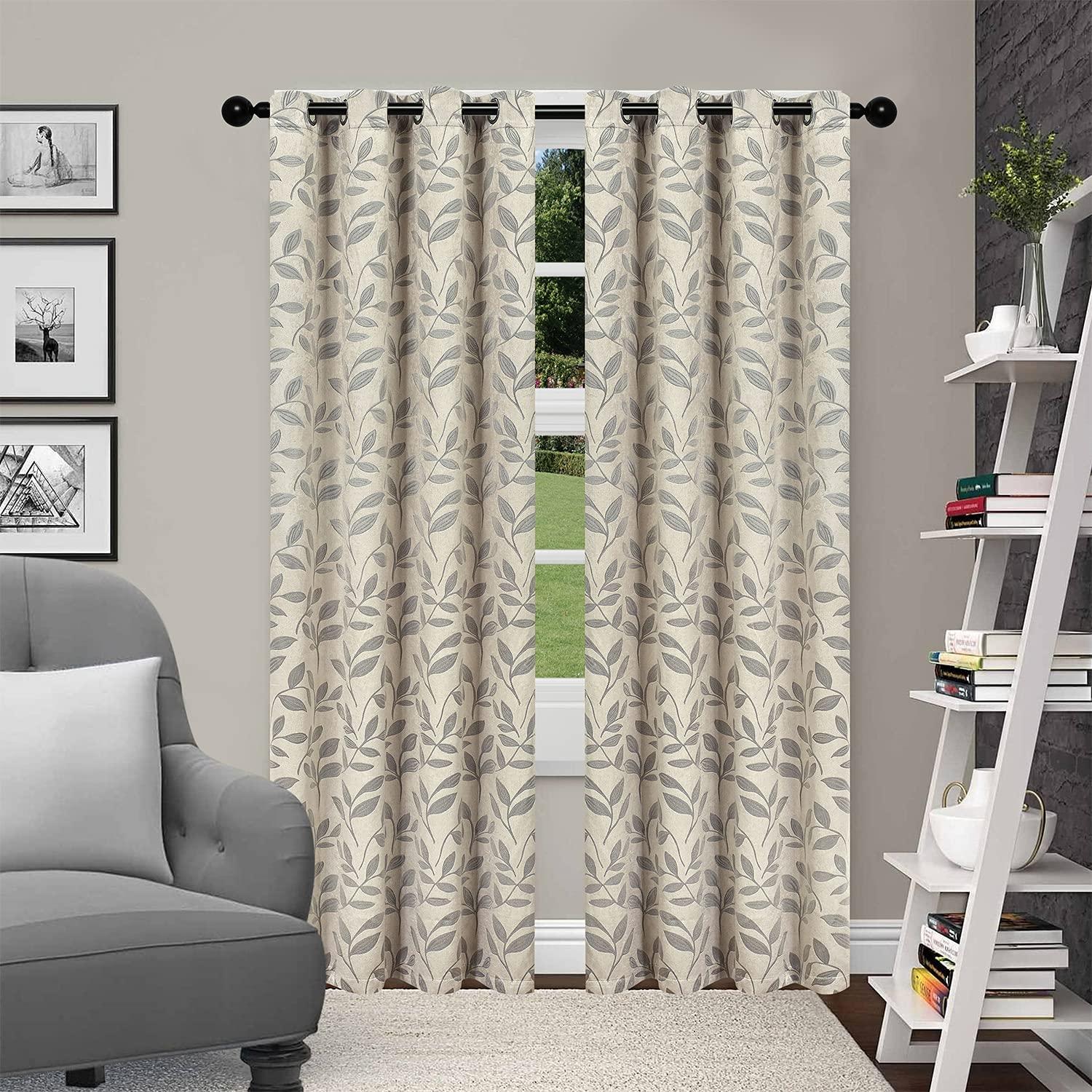 Superior Leaves Blackout Curtain Panel, 8 Grommets, Set of 2, 52" W x 96" L, Ivory