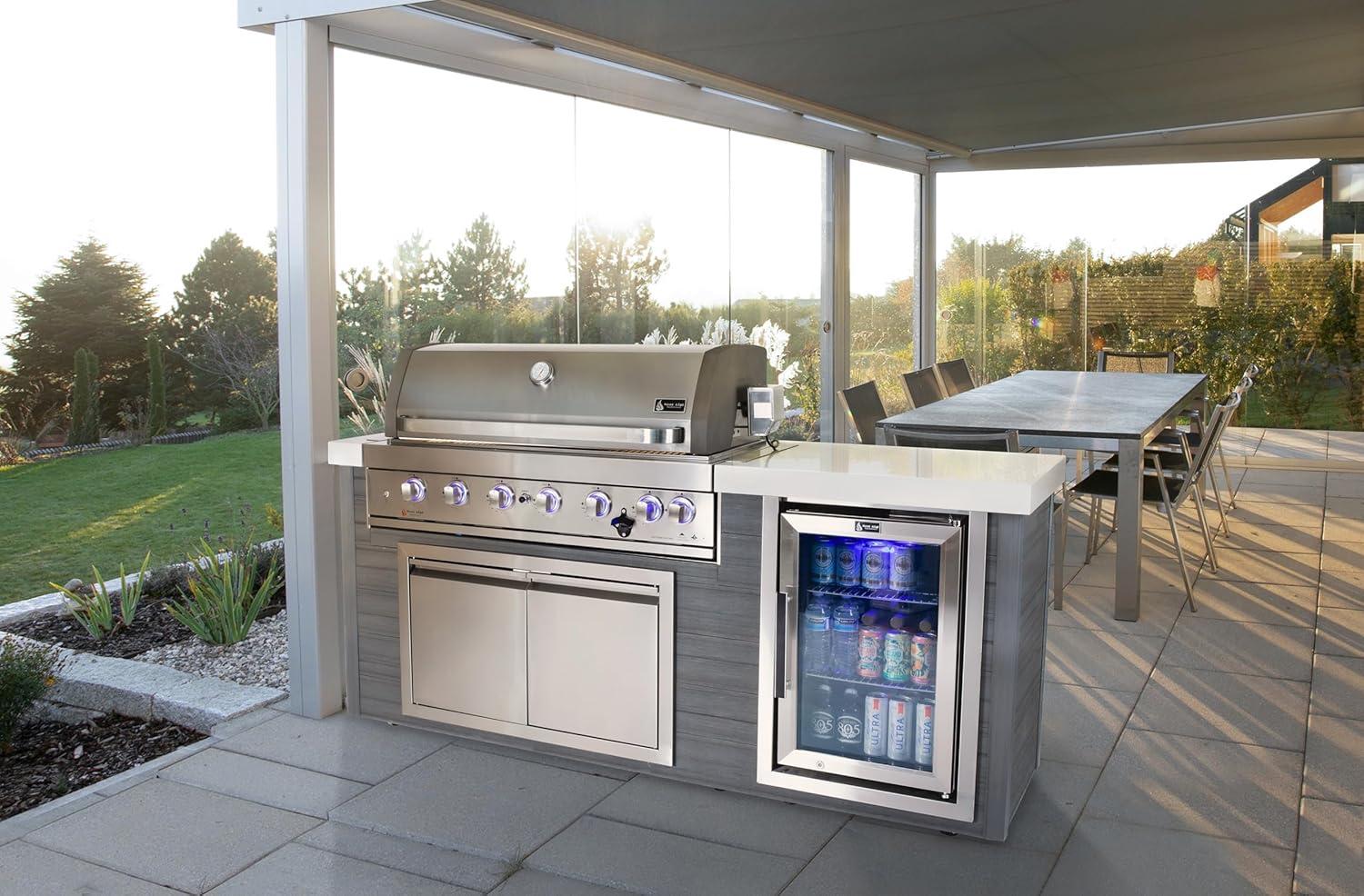 Mont Alpi MA805-AW Artwood Series High Density Polyethylene 6-Burner 87000 BTU Propane Natural Gas Stainless Steel Outdoor Kitchen Island Grill + Granite Countertops + Double Access Doors + Refrigerator