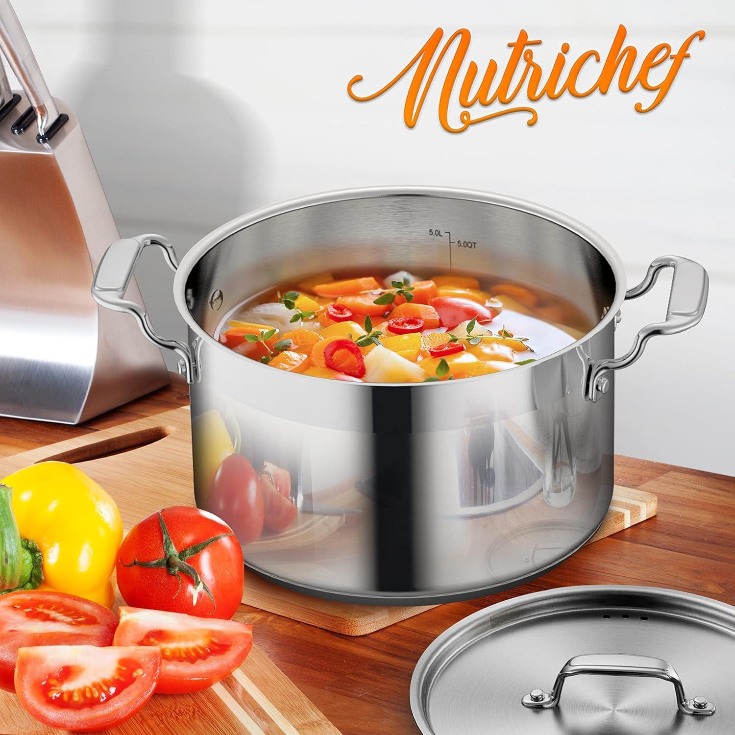 NutriChef 5-Quart Stainless Steel Stockpot - 18/8 Food Grade Heavy Duty Large Stock Pot for Stew, Simmering, Soup, Includes Lid