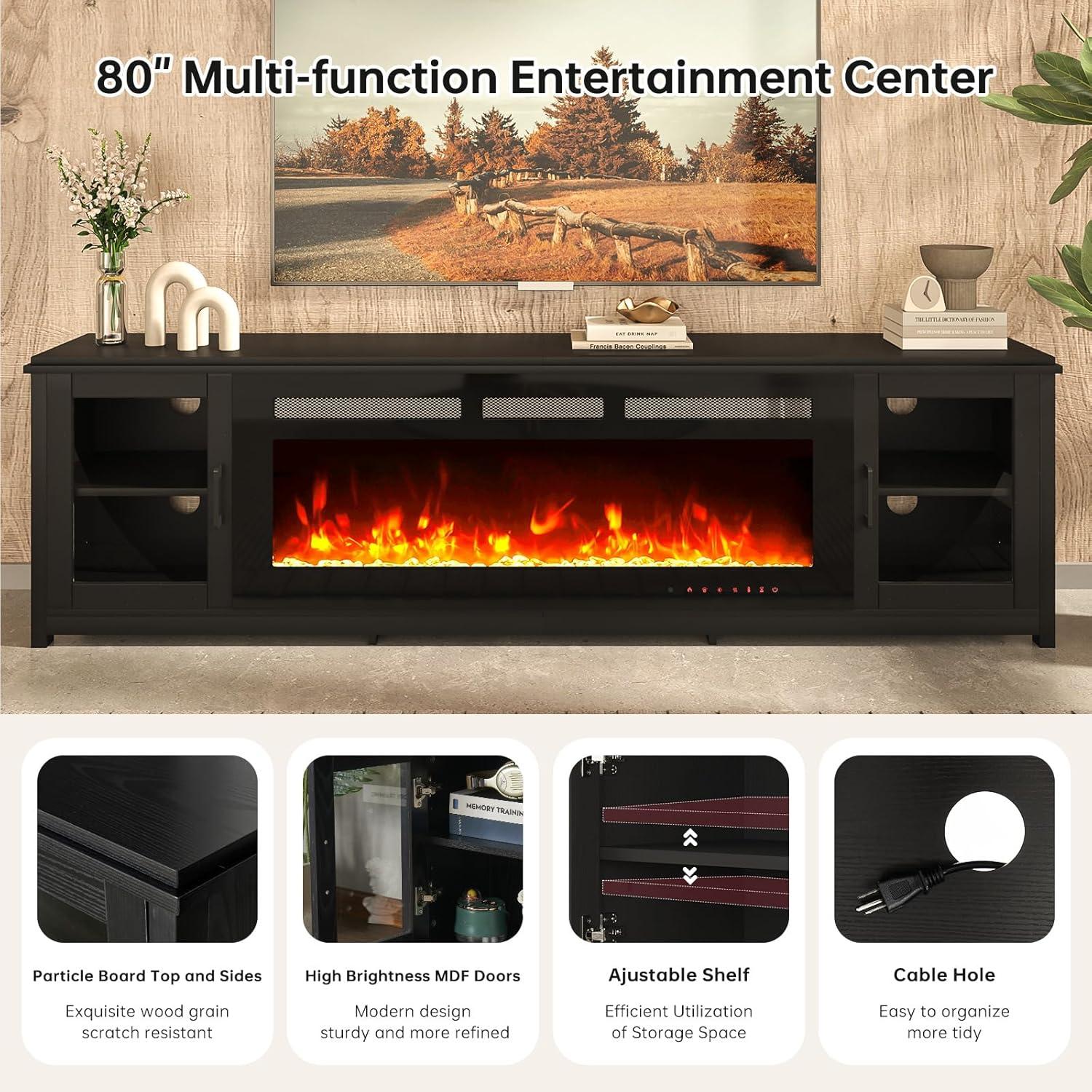 oneinmil Fireplace TV Stand with 36" Electric Fireplace, LED Light Entertainment Center, Modern Wood Texture Entertainment Stand with Highlight Storage Cabinet for TVs Up to 80", 70 inches, Black