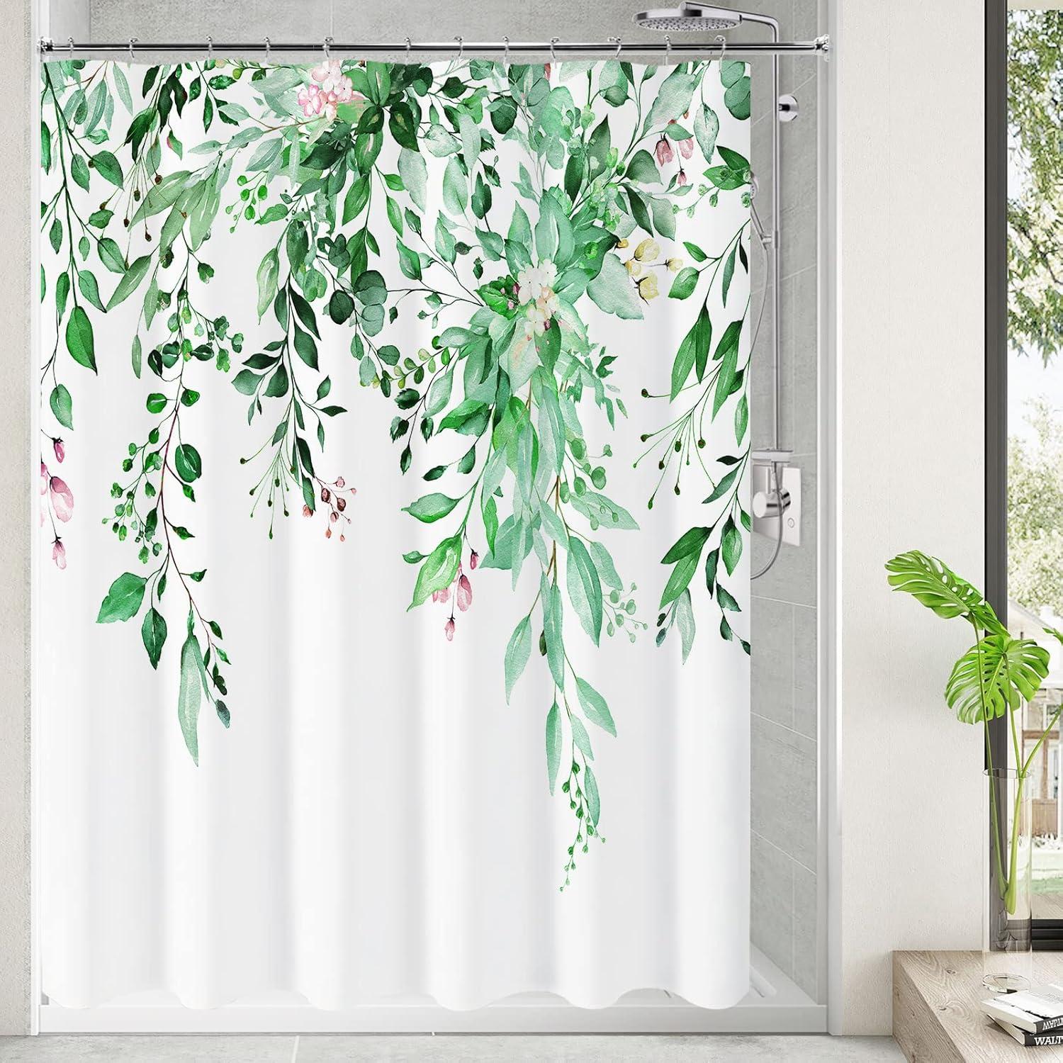 Eucalyptus Watercolor Leaves Semi-Sheer Waterproof Shower Curtain