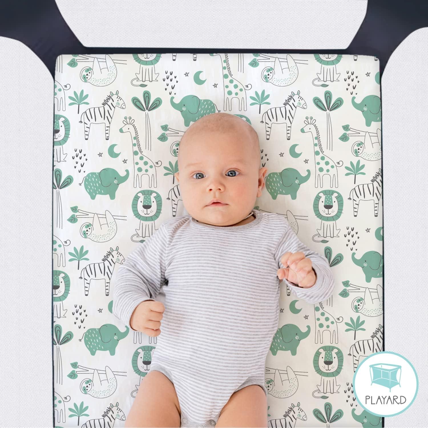 The Peanutshell Mini Crib Sheet Set - 3 Pack - Multiuse for Pack & Play, Playard, Playpen, Mini Crib - Green Safari Animals