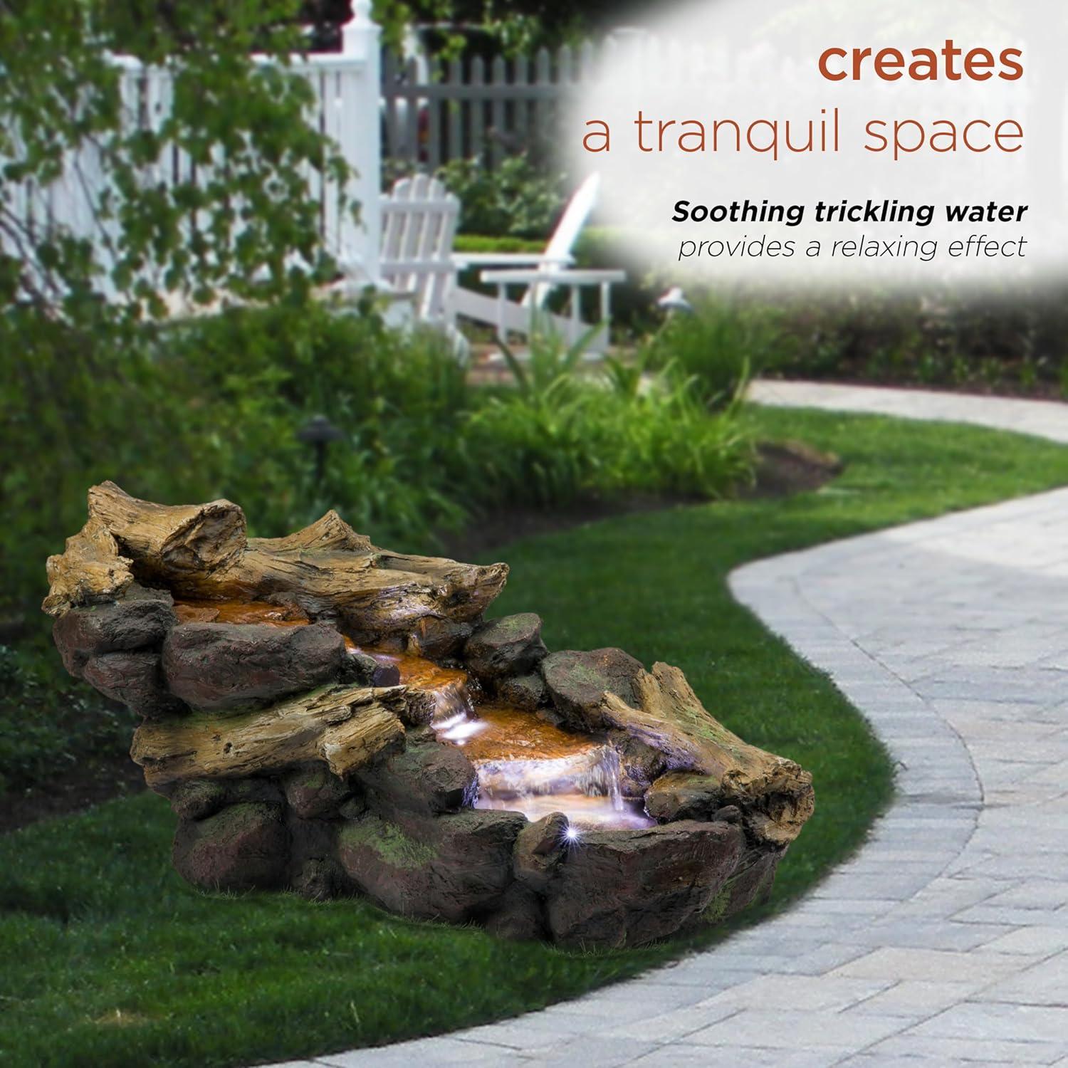 19" Resin River Rocks and Logs Fountain with LED Lights Gray/Cool White - Alpine Corporation: Indoor/Outdoor, Weather-Resistant