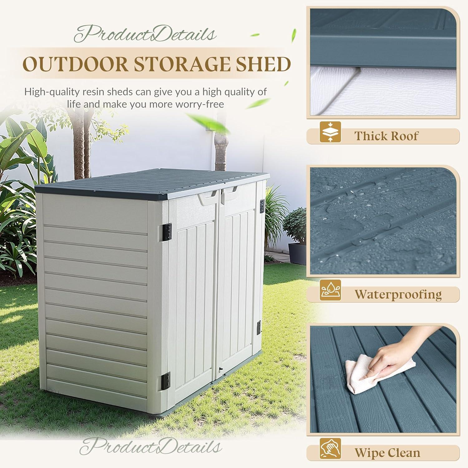 Jummico Horizontal Outdoor Resin Storage Shed 34 Cu. Ft. Garden Storage Extra Large Capacity Weather Resistant Storage Box for Bike, Garbage Cans, Lawnmowe, Garden Accessories