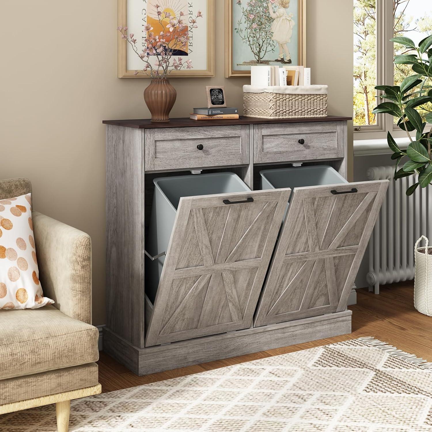 Vabches Kitchen Double Tilt Out Trash Cabinet, Hidden Storage Cabinet with 2 Drawers, Wash Grey