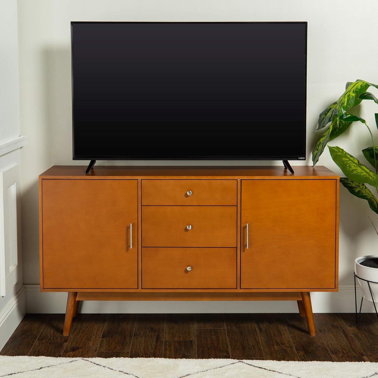 Walker Edison Mid Century Modern-TV Stand Console with 3 Drawers and Closed Cabinet Storage, 60", Walnut