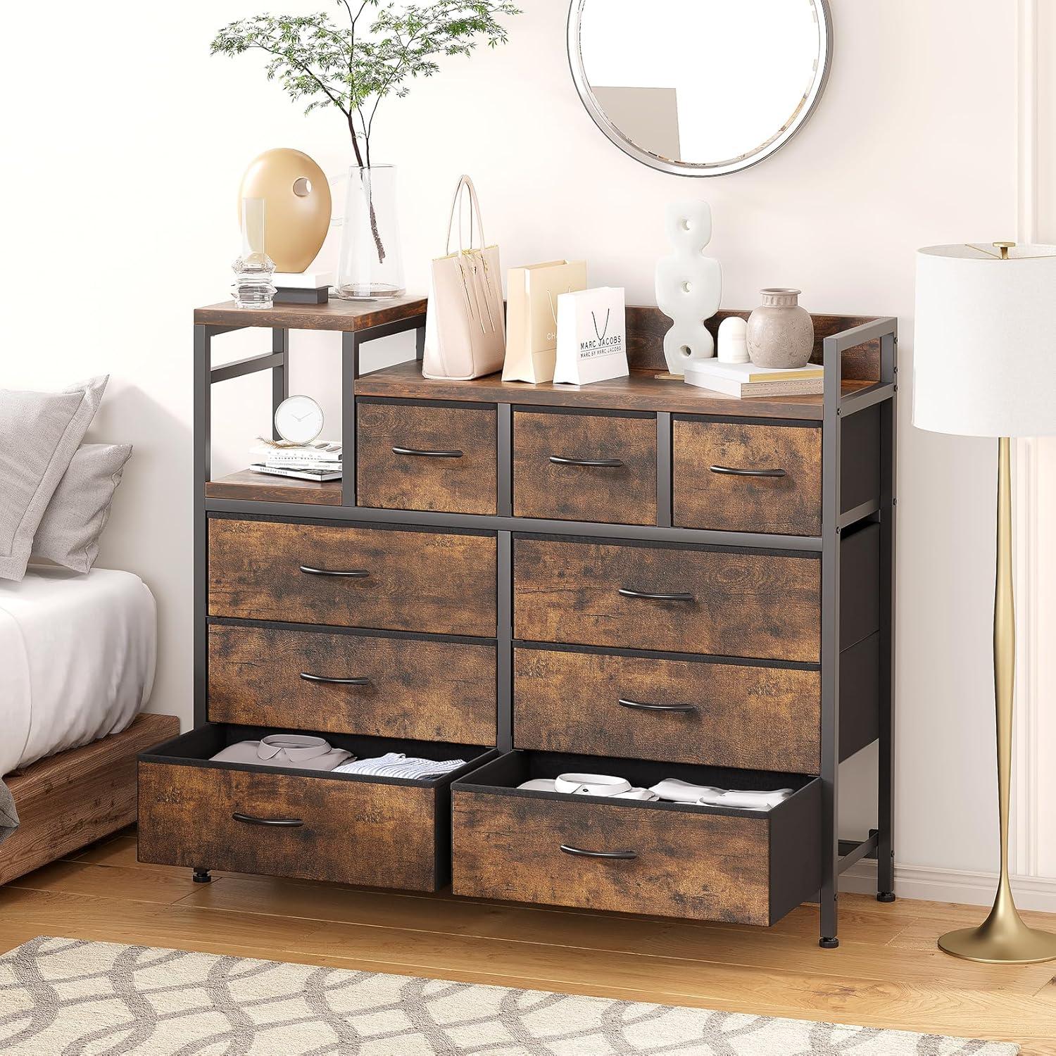 Rustic Brown Freestanding Dresser with 9 Drawers and Open Frame