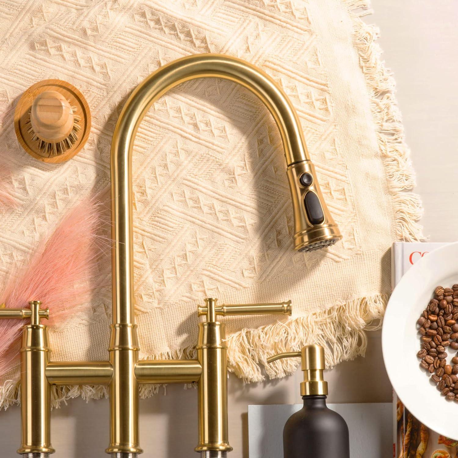 Brushed Gold Brass Bridge Kitchen Faucet with Pull-Out Spray