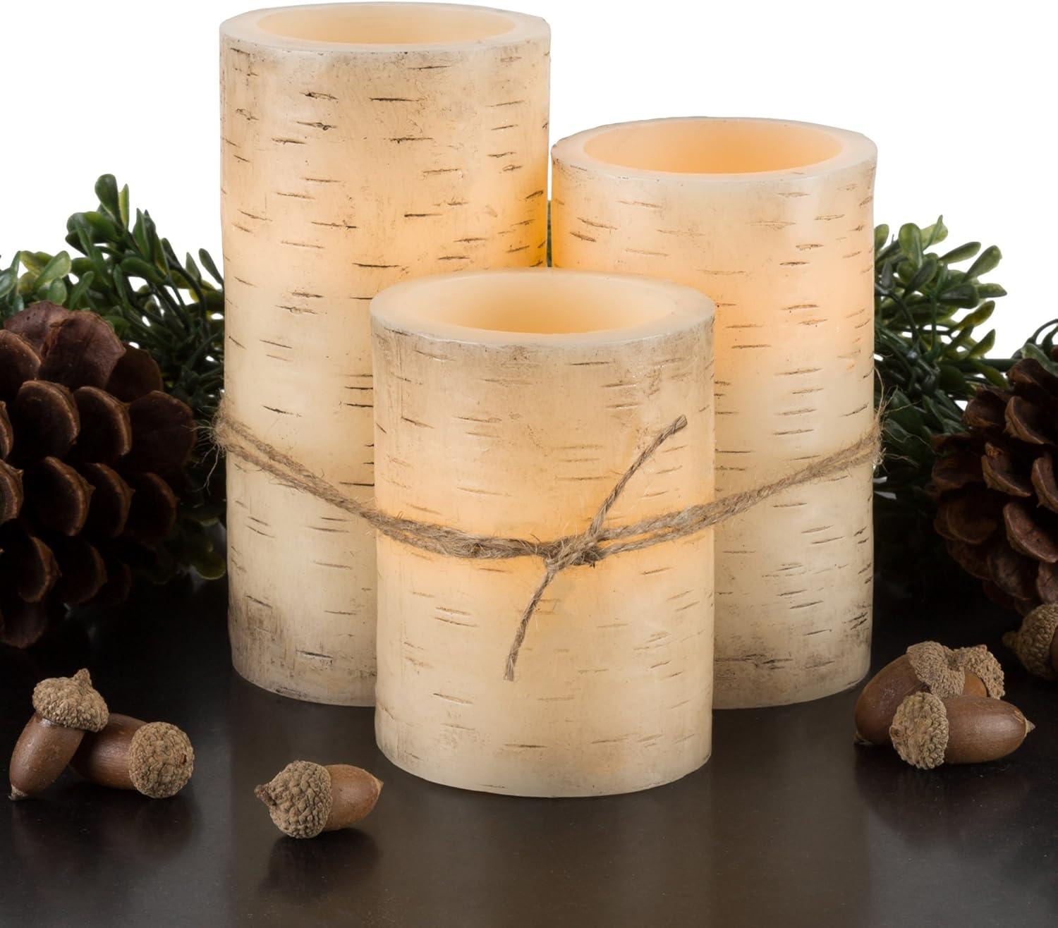 Flickering Flameless LED Candles with Birch Bark- Set of 3 Battery Operated Real Wax Pillar Candles with Remote Control and Timer by Lavish Home