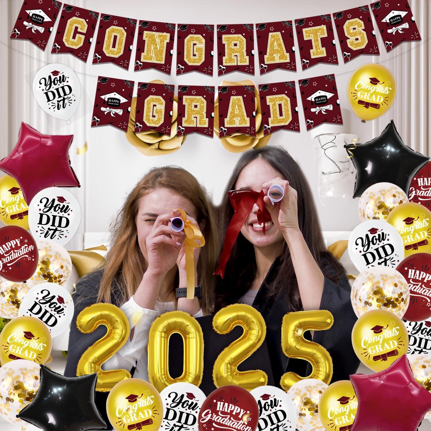 2025 Graduation Party Decoration, Red Gold Themed Set with Congrats Grad Banner, Balloons, Foil Number 2025 for Class of 2025 Graduation Party Supplies
