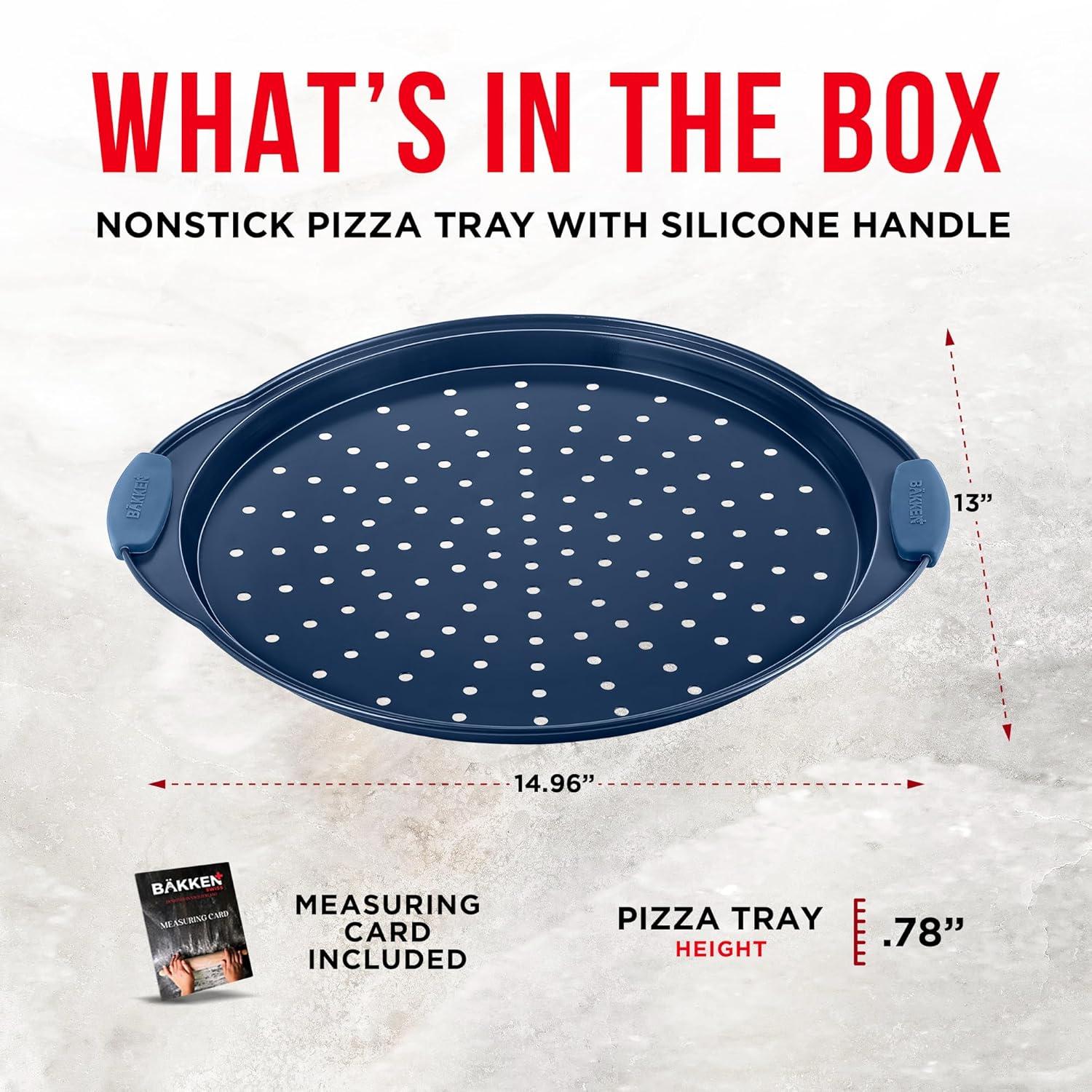Bakken Pizza Baking Pan - Round Perforated Carbon Steel Pan with Non-Stick Marble Coating, Oversized Silicone Handle, Dishwasher Safe, High-Temperature Resistant, Durable & Easy Cleanup Blue, 1 Pack