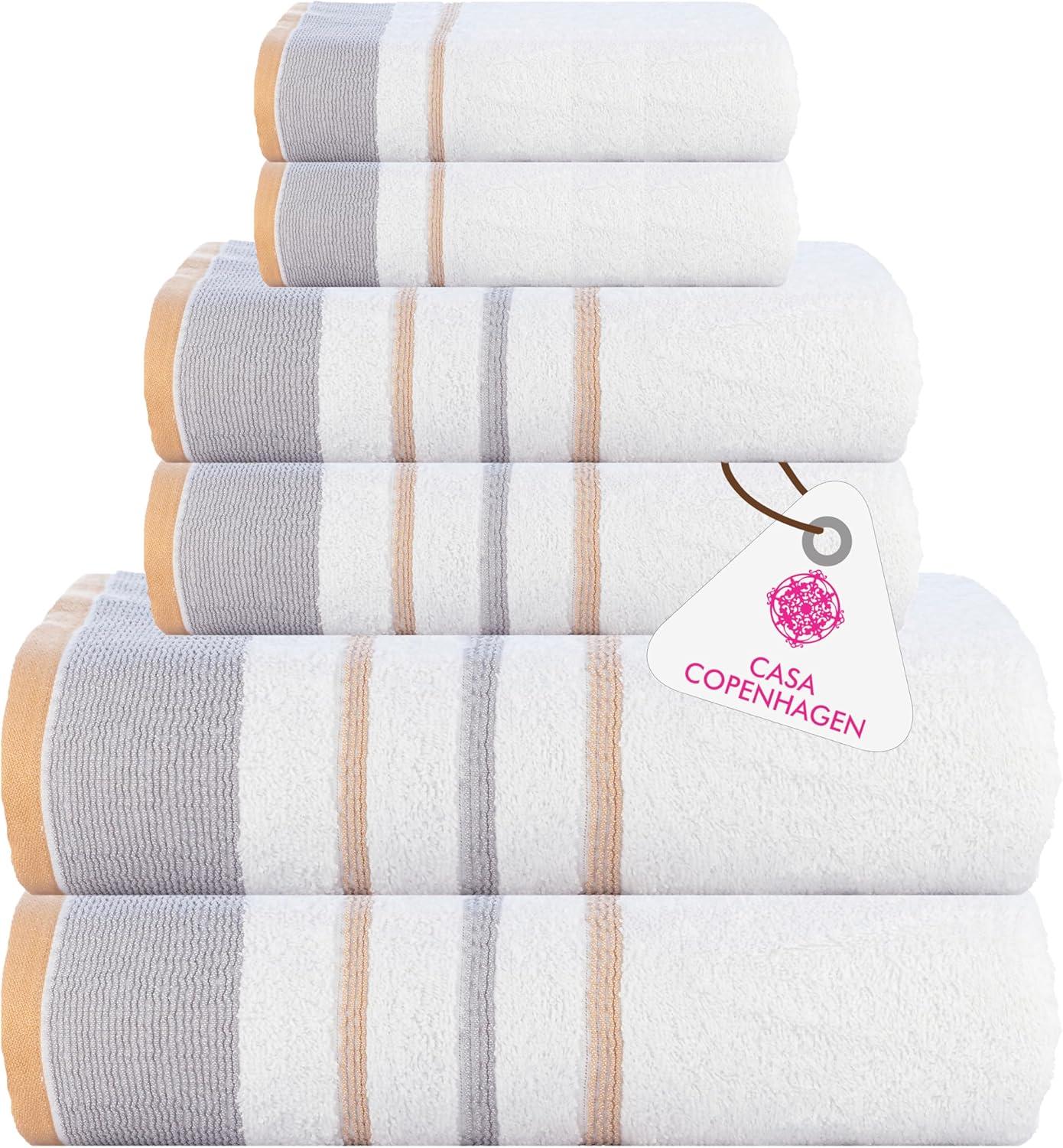 Casa Copenhagen White Bay, 6 Pieces Towel Set- White with Grey and Beige Border, 600 GSM, 2Bath, 2Hands, 2Washcloths Egyptian Cotton Towel for Hotel Spa Kitchen Bathroom Kitchen & Shower