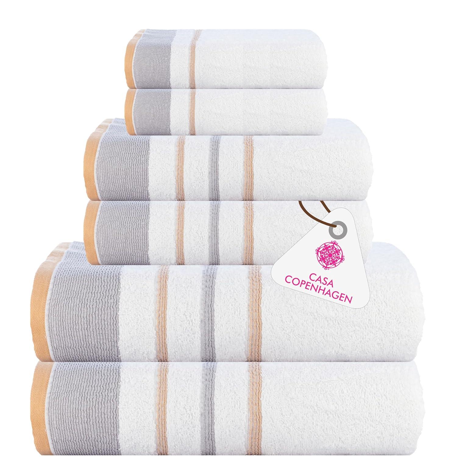 Casa Copenhagen White Bay, 6 Pieces Towel Set- White with Grey and Beige Border, 600 GSM, 2Bath, 2Hands, 2Washcloths Egyptian Cotton Towel for Hotel Spa Kitchen Bathroom Kitchen & Shower