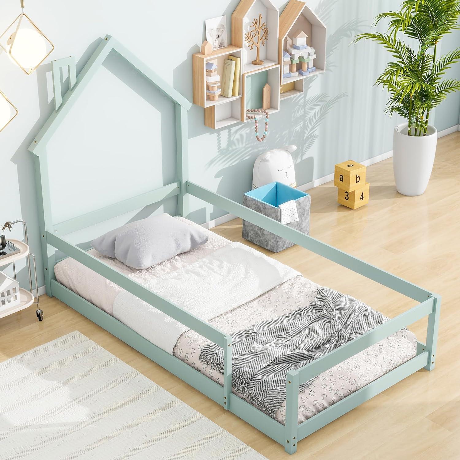 Kids Montessori Floor Bed, Twin Size Wooden Floor Bed Frame with Fences Guardrails and House Shape Headboard, Without Slats Support, Light Green