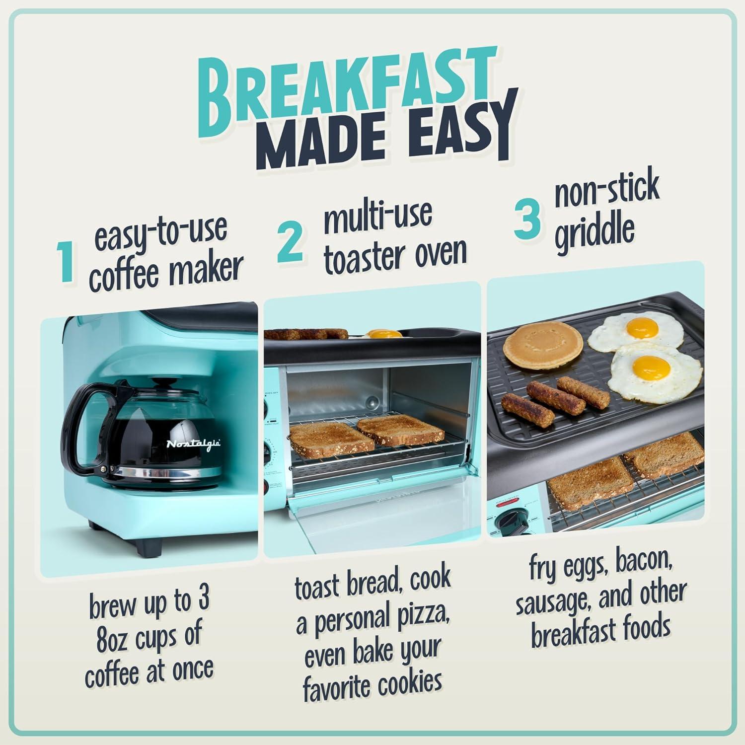 Nostalgia Electrics Retro 3-in-1 Family Size Griddle Aqua: Breakfast Station with Coffee Maker & Toaster, Ceramic Surface