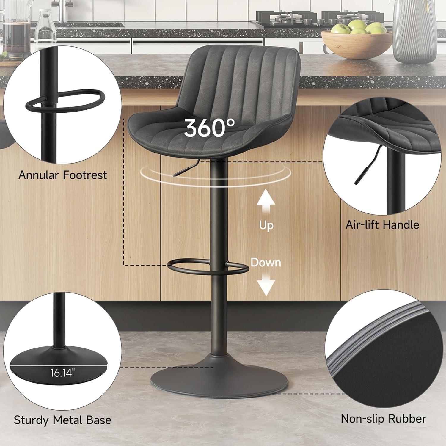 Art Leon Rustic Bar Stools Set of 2, Faux Leather with Backrest Chrome Legs, Upholstered Swivel Kitchen Stools, Gray