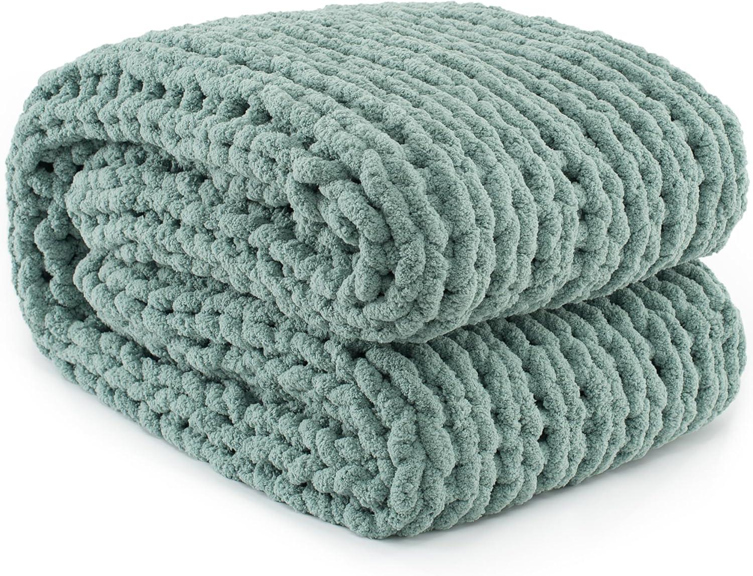 Sage Green Chunky Knit Chenille Throw Blanket 50" x 60"