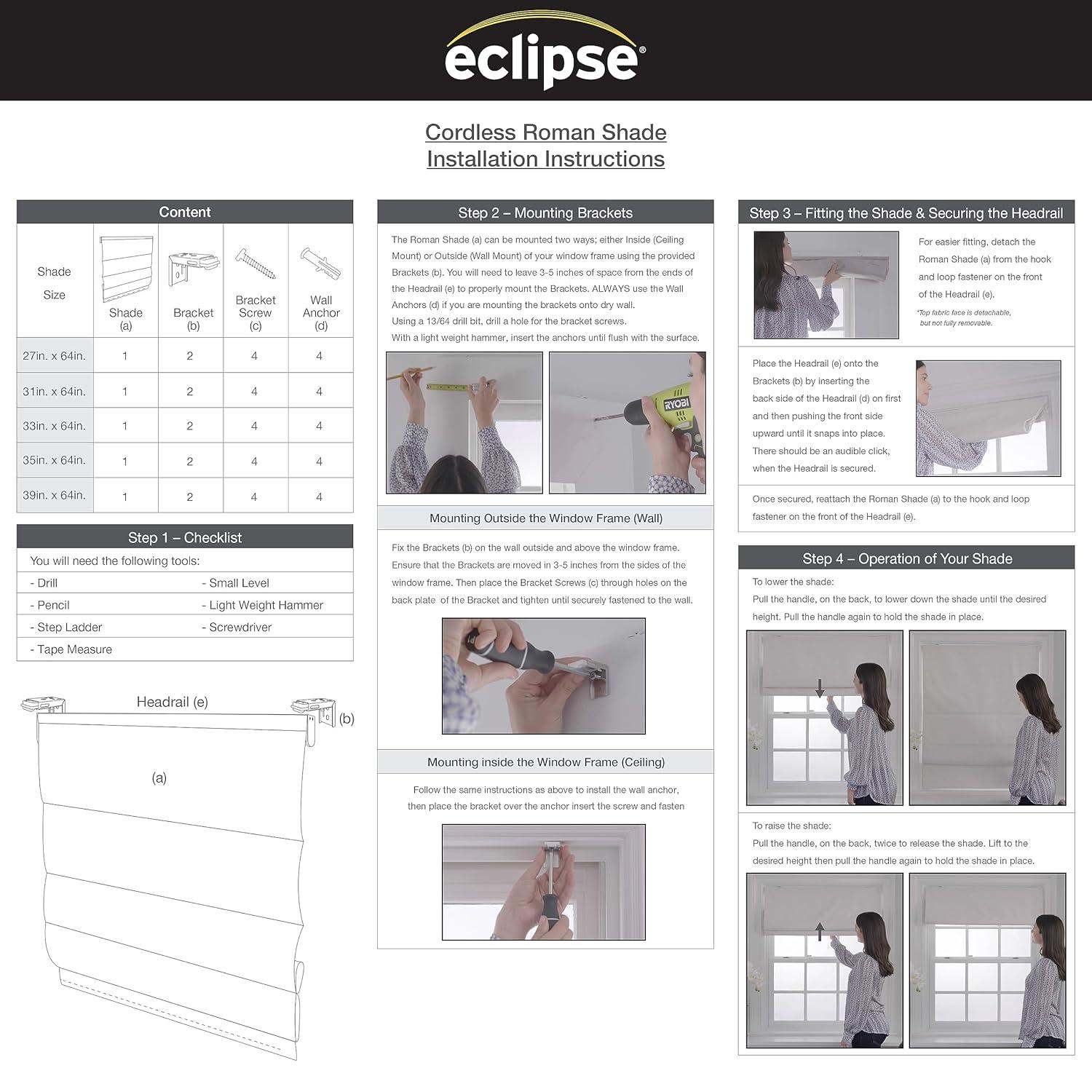 Eclipse Lane Cordless Roman Shades for Windows, Room Darkening, 33 in Wide x 64 in Long, Noise Reducing and Energy Efficient Window Treatments for Living Room, Bedroom or Office, Grey