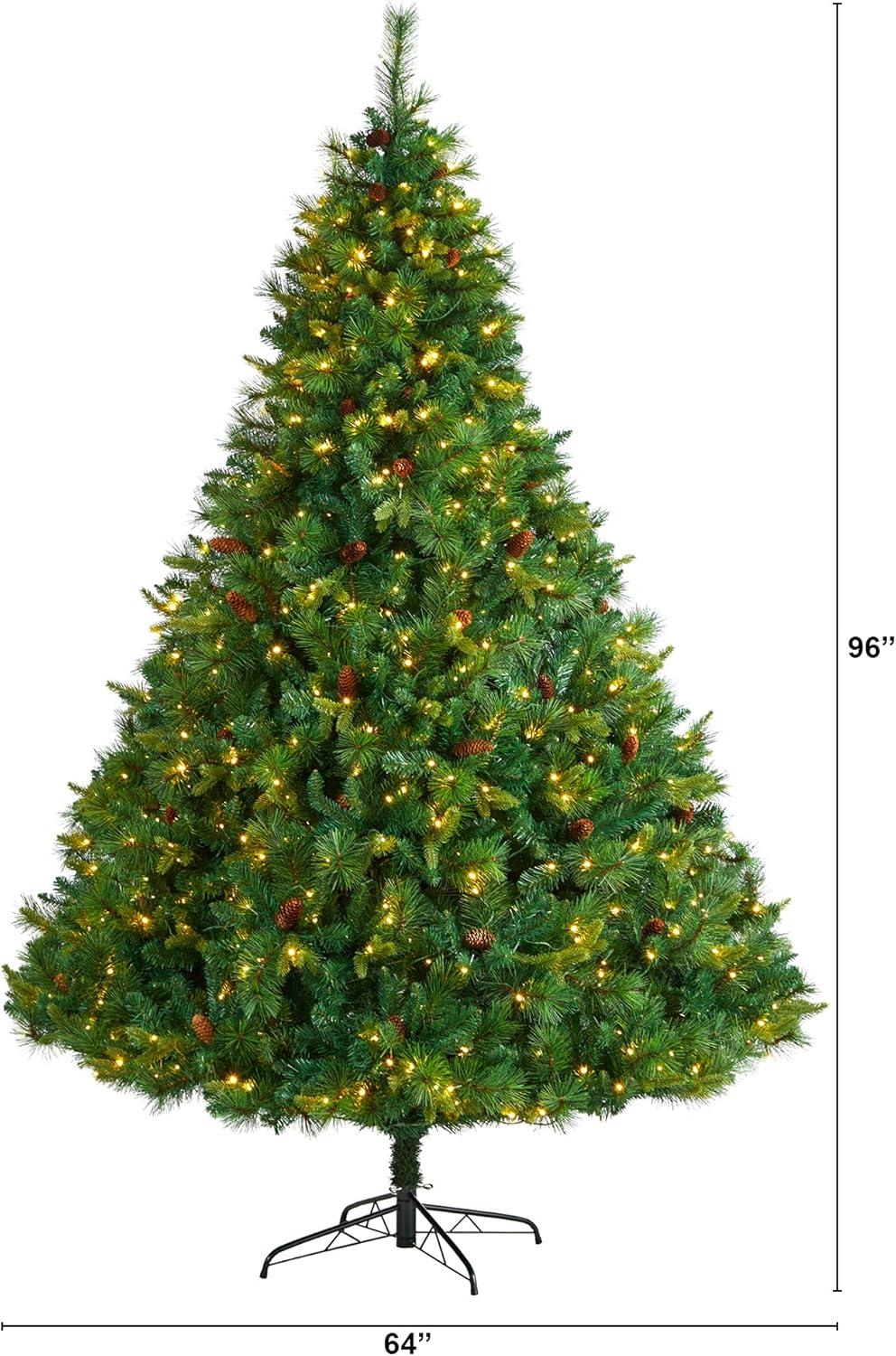 Nearly Natural 8’ West Virginia Full Bodied Mixed Pine Prelit LED Artificial Christmas Tree with Pine Cones