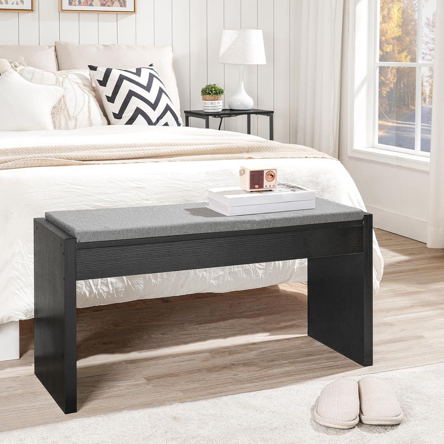 Black and Gray Upholstered Dining Bench with Linen Cushion