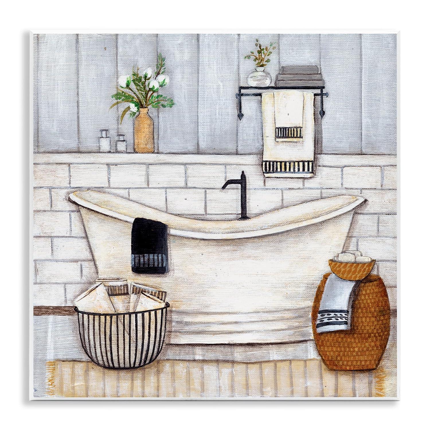 Stupell Industries Bathroom Farmhouse Style Tub Neutral Grey Drawing Paintings Unframed Art Print Wall Art, 12x12, by Yellow Café