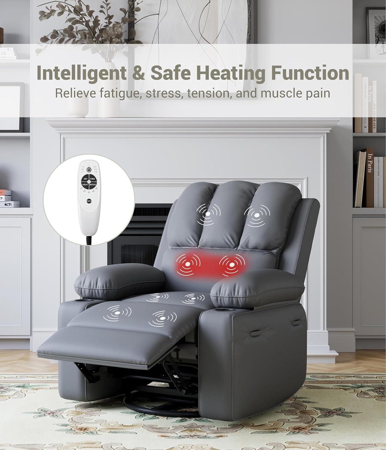 Gray Leather Swivel Recliner with Massage and Wooden Frame