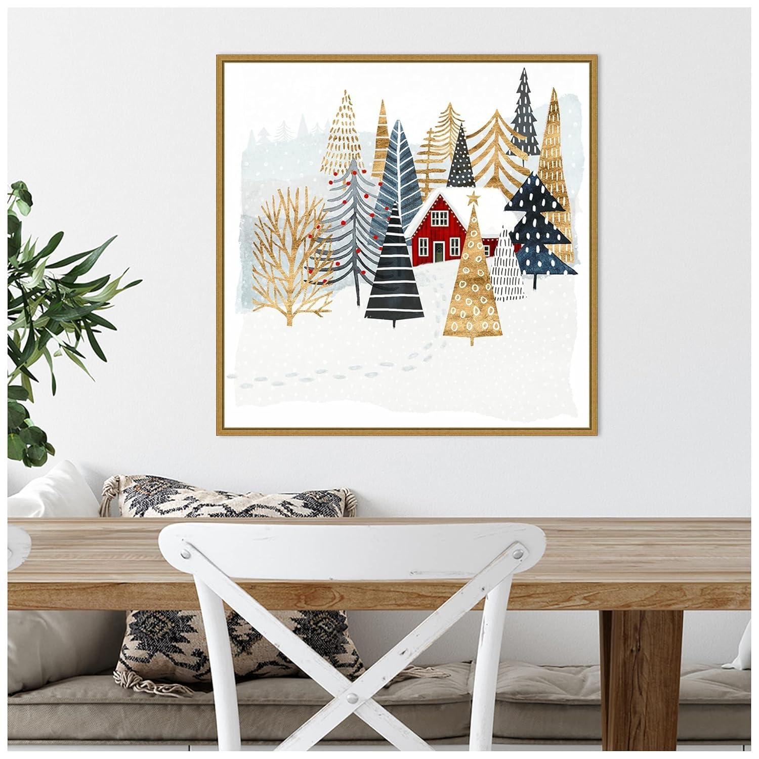 22" x 22" Christmas Chalet I Tree Framed Wall Canvas - Amanti Art