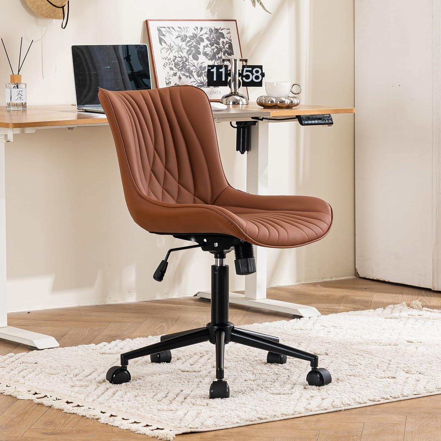 Coffee Brown Ergonomic Armless Faux Leather Swivel Task Chair