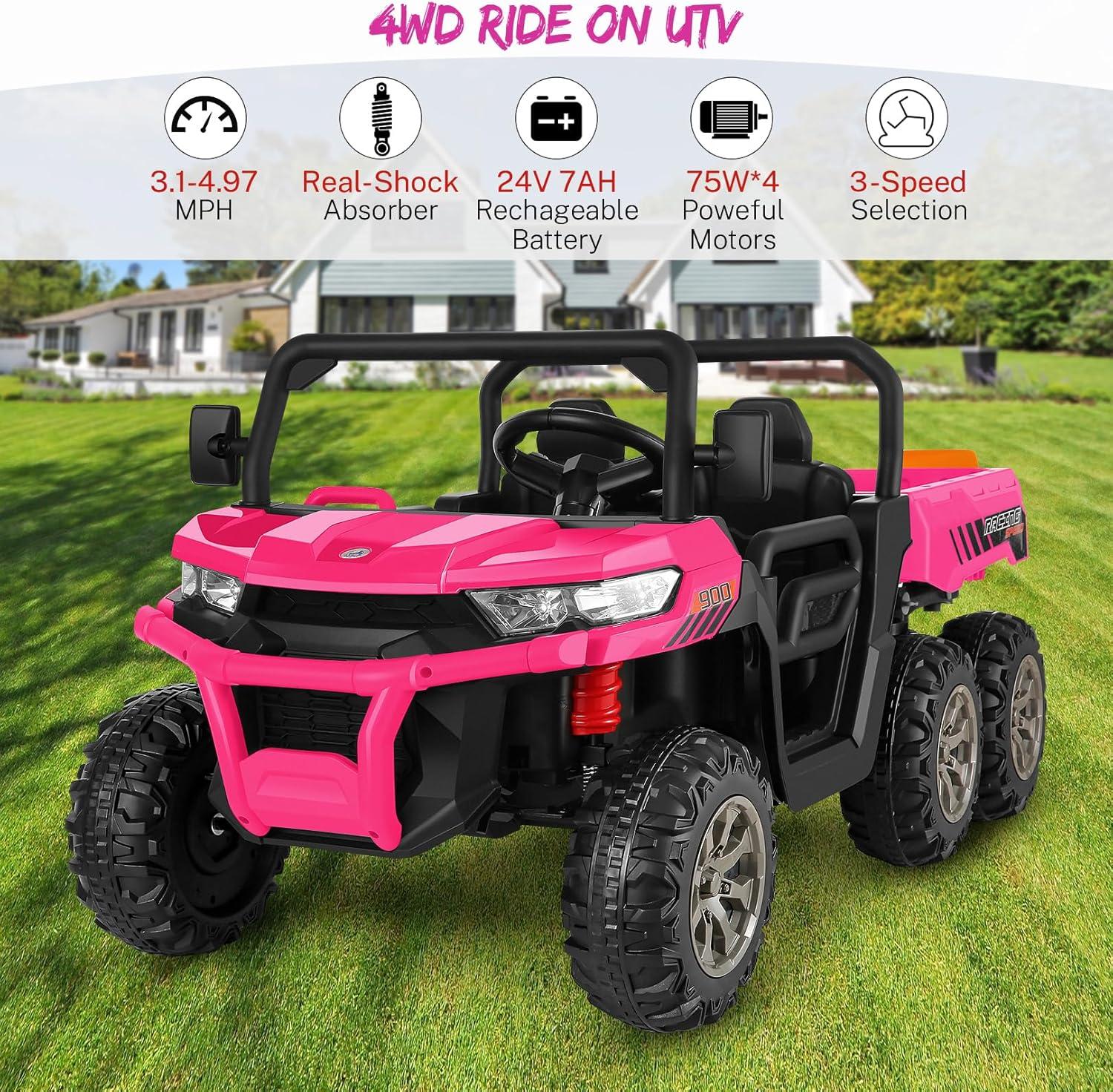 24V Kids Ride on Dump Truck with Remote Control, 2 Seater Powered 4-Wheel UTV Toys, 2x200W Ride on Tractor Car w/ Electric Dump Bed, Shovel, Bluetooth Music, Pink