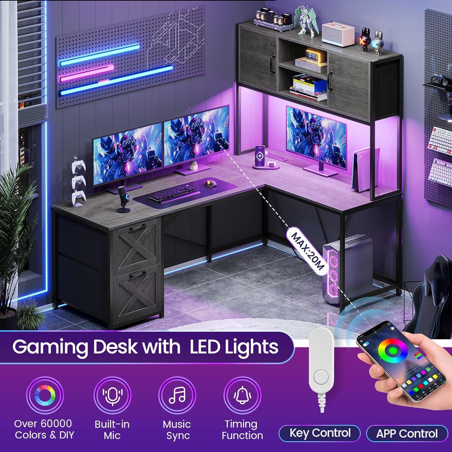 L-Shaped Computer Desk with LED Lights & Hutch & Pegboard, Reversible Gaming Desk with Monitor Stand & Drawers for Home Office, Black