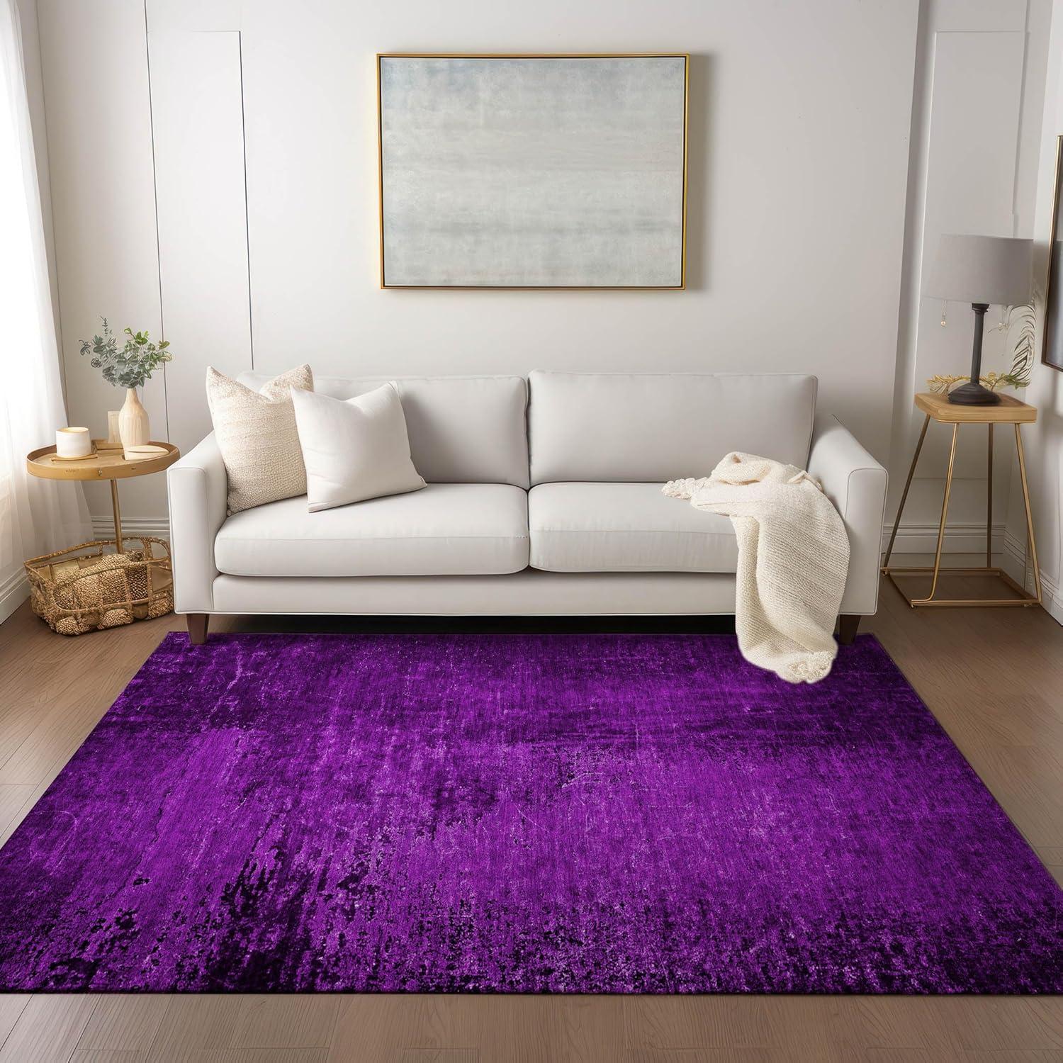 Purple Rectangular Synthetic Flat Woven Washable Rug 5' x 7'