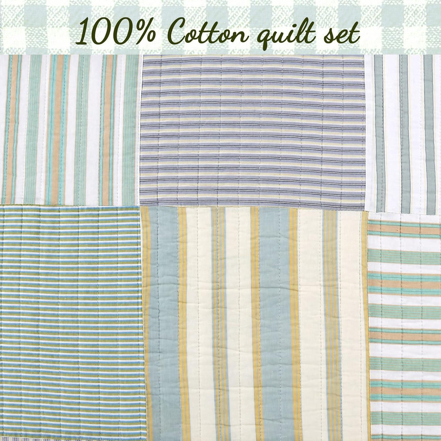 Cozy Line Home Fashions Green Yellow Blue Plaid Striped Real Patchwork 100% Cotton, Reversible Coverlet, Bedspread, Quilt Bedding Set (Green Patchwork, King - 3 Piece)