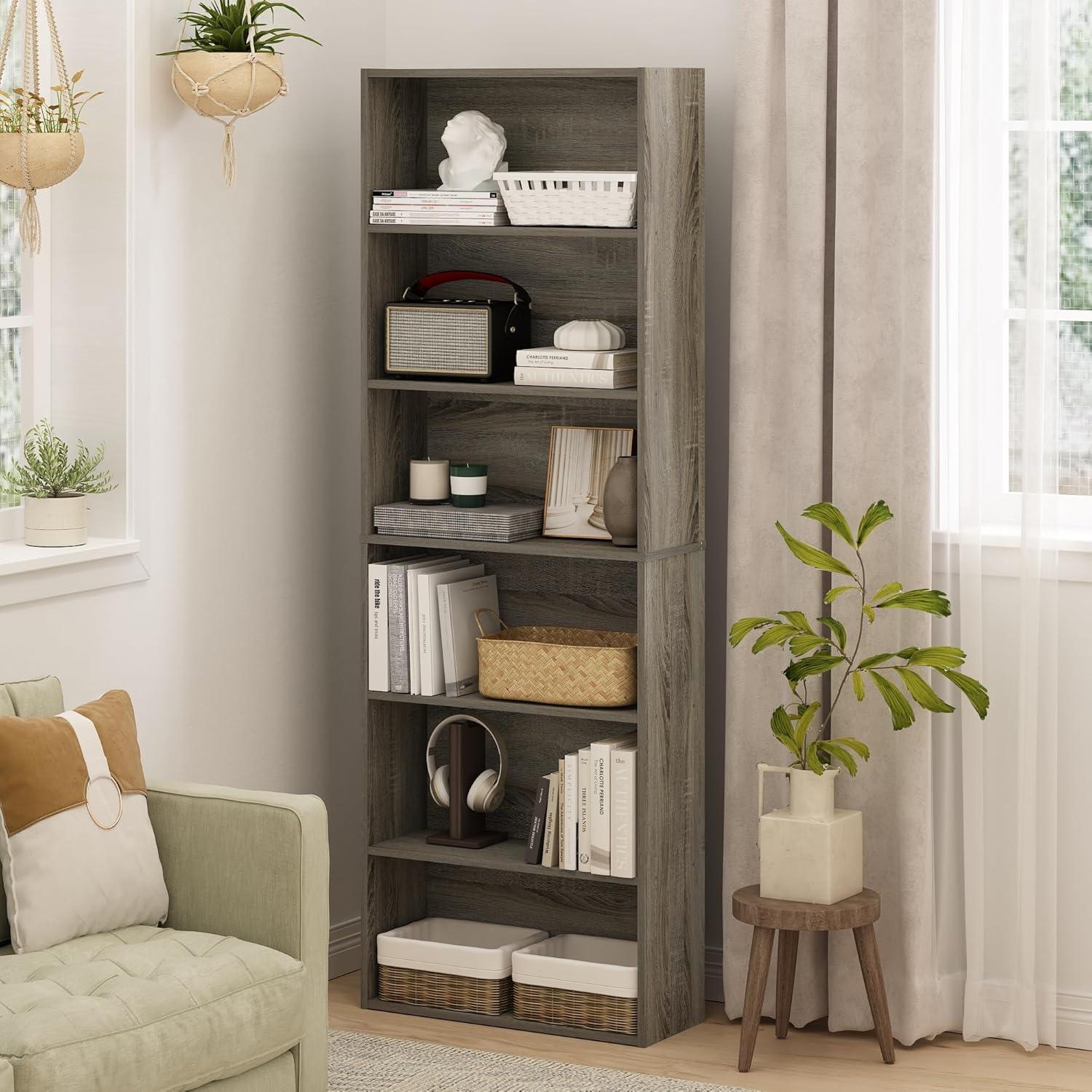 Furinno JAYA Simply Home Free Standing Adjustable 6-Tier Open Storage Bookcase, French Oak