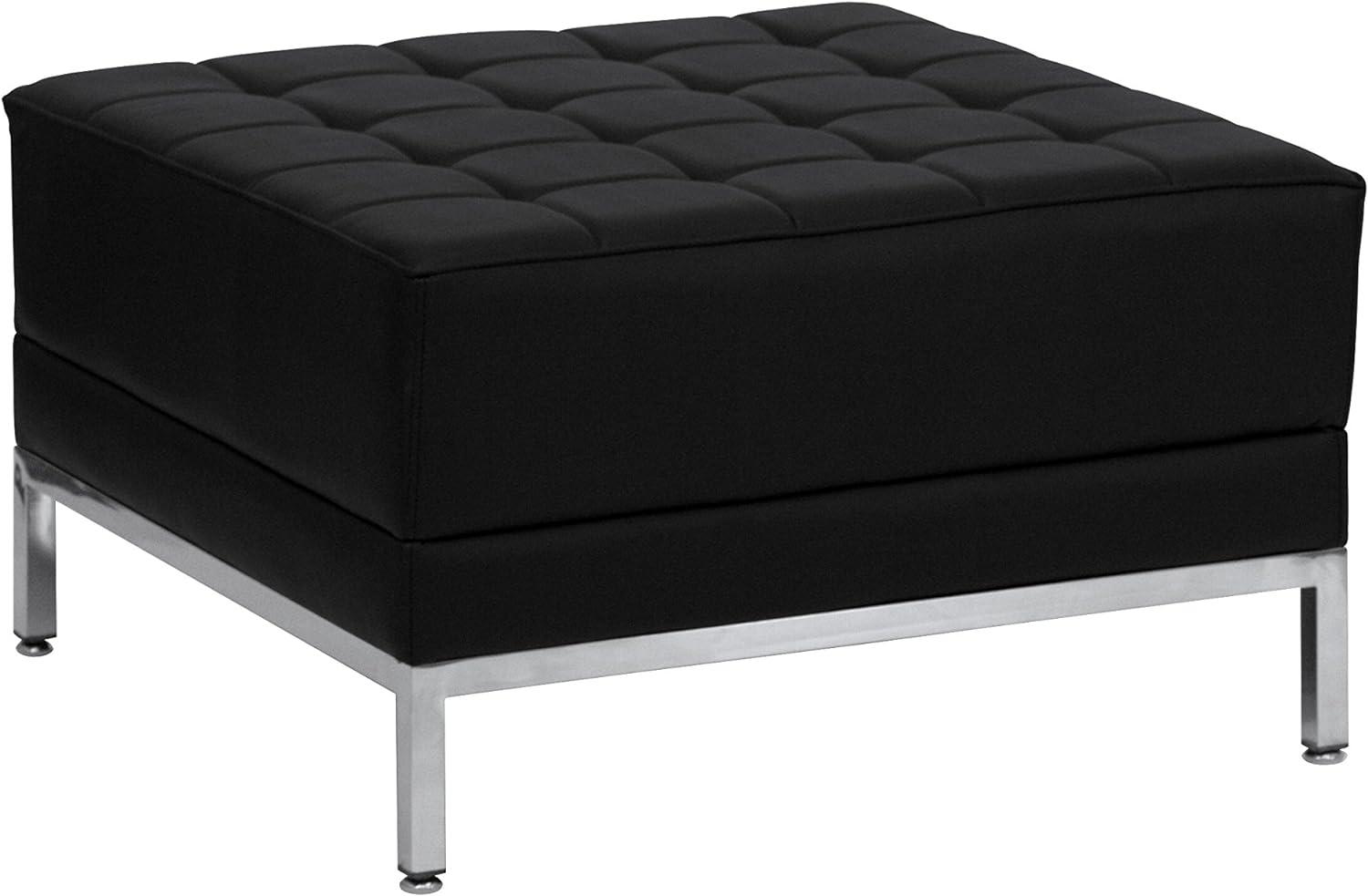 28" Black Tufted LeatherSoft Square Ottoman with Stainless Steel Frame