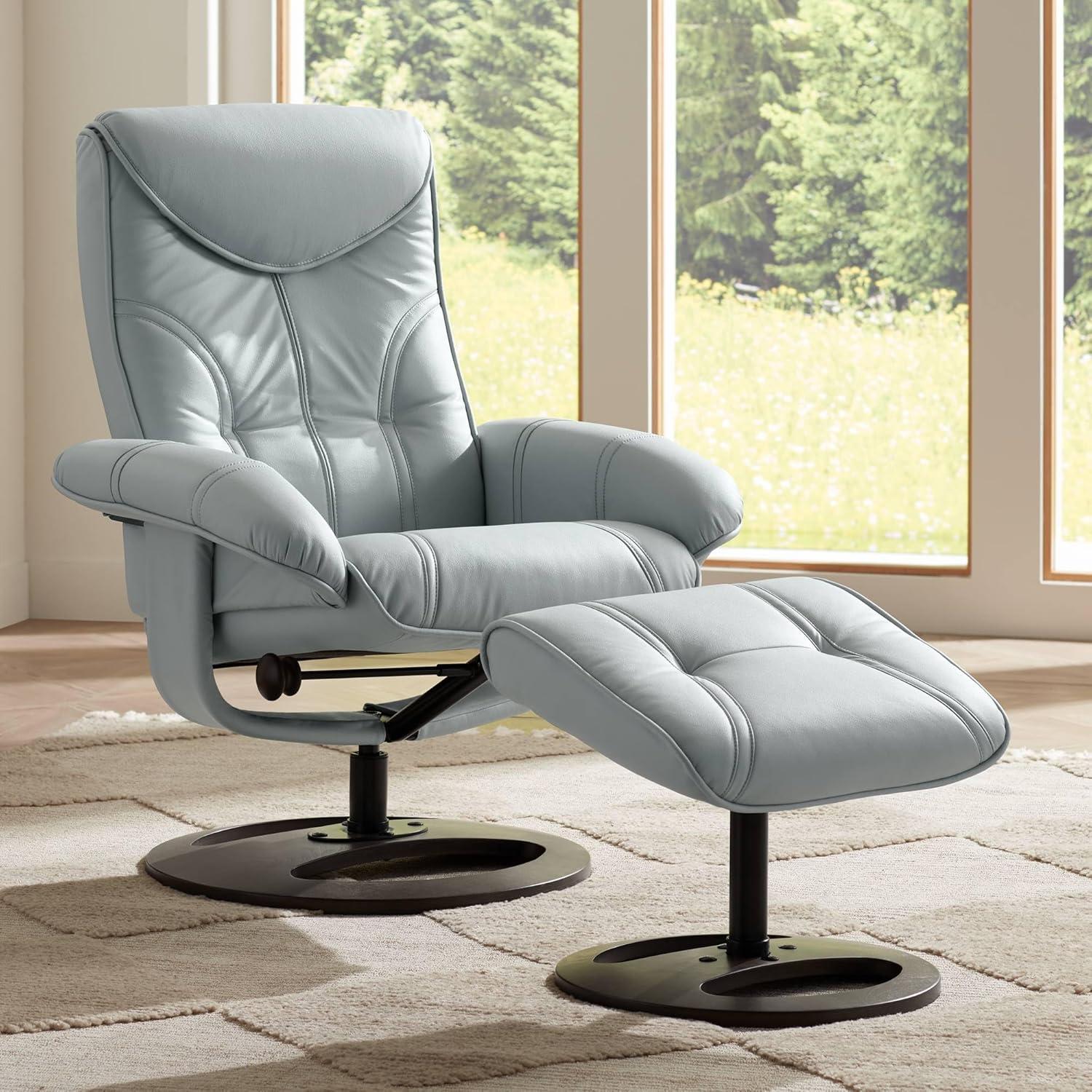 Sky Blue Faux Leather Swivel Recliner with Ottoman