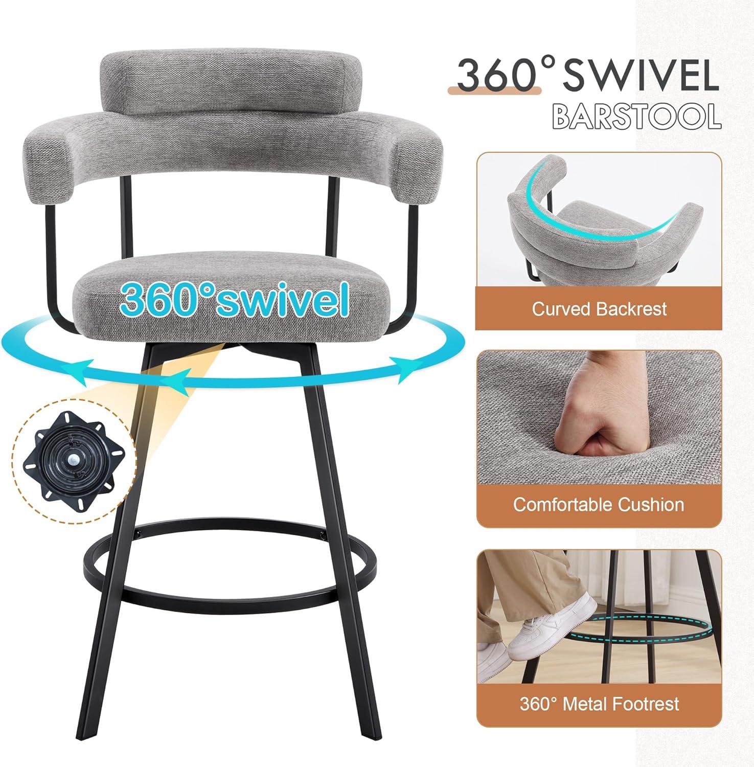 Rabassa Swivel Upholstered 26" Linen Counter Stool with Curved Wing Back and Metal Frame