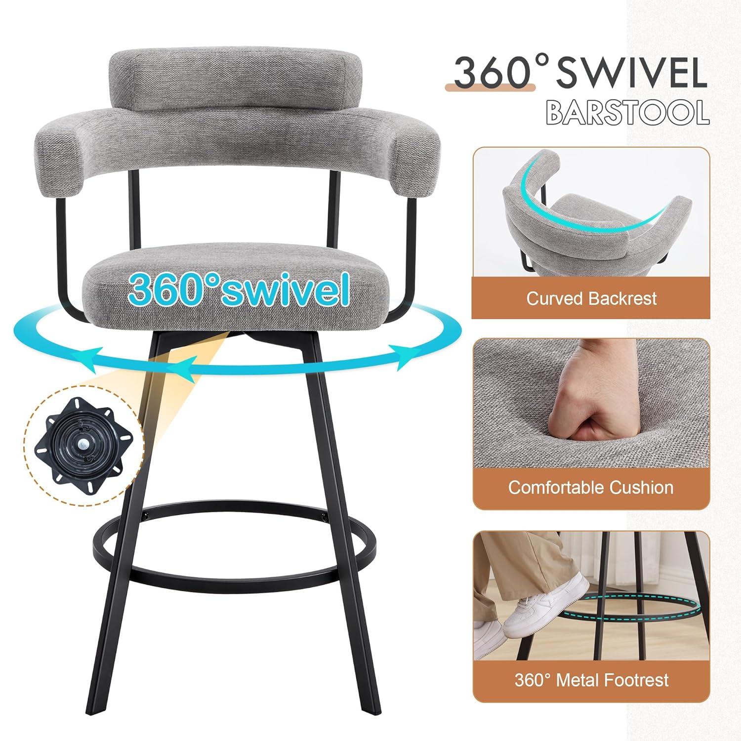 Rabassa Swivel Upholstered 26" Linen Counter Stool with Curved Wing Back and Metal Frame