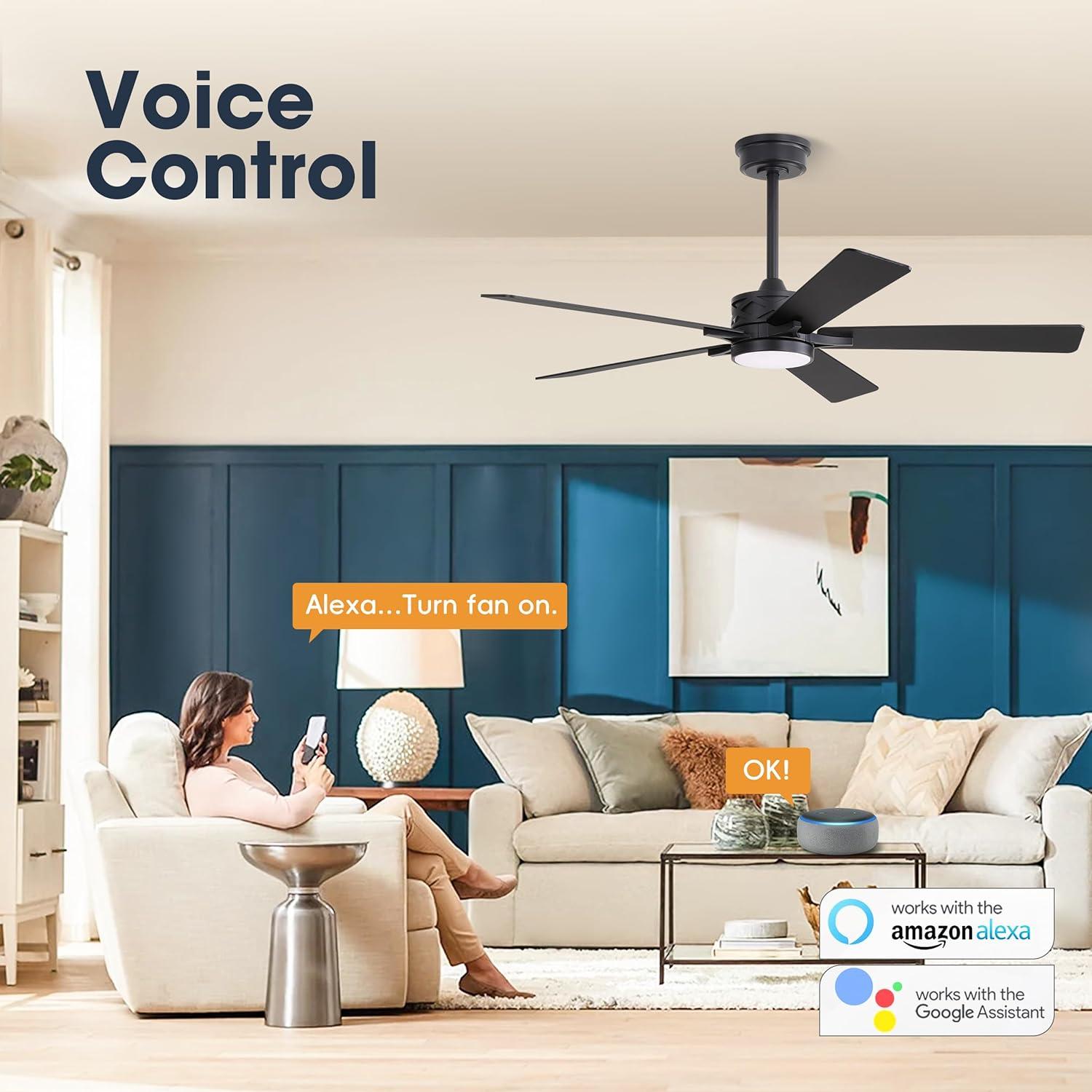 52" 5 Baldes Smart Wifi Ceiling Fan with Remote and Dimmable LED Light Dark Wood