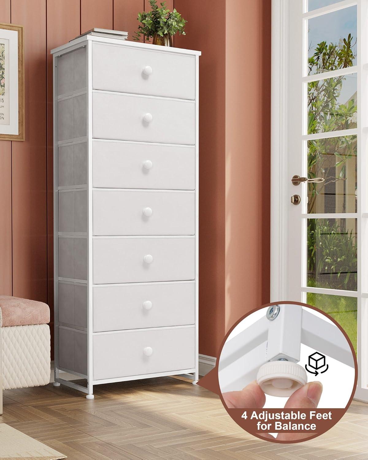 White Vertical 7-Drawer Storage Tower with Light Wood Accents