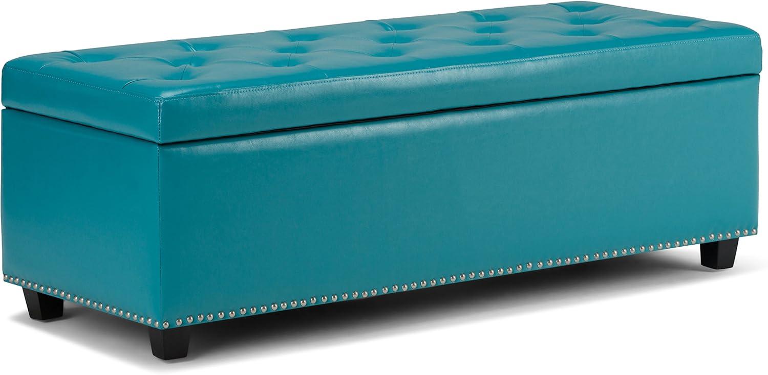 Simpli Home Hamilton 48" Transitional Rectangle Ottoman in Mediterranean Blue Faux Leather