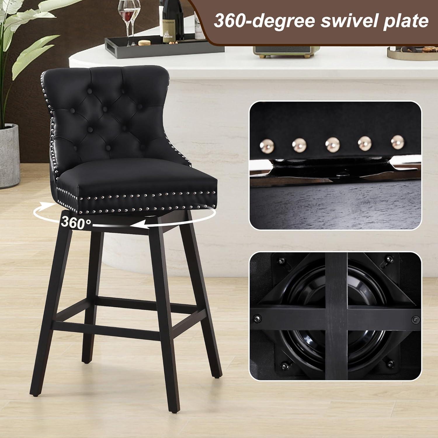 Dycanpo 26'' Swivel Bar Stools Set of 2, Upholstered Barstool with Footrest for Kitchen,Black-Faux Leather