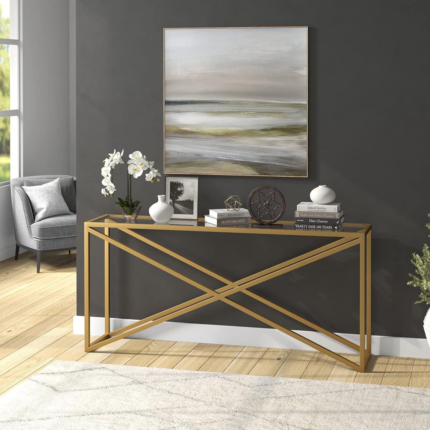 Brass and Glass 64" Geometric Console Table