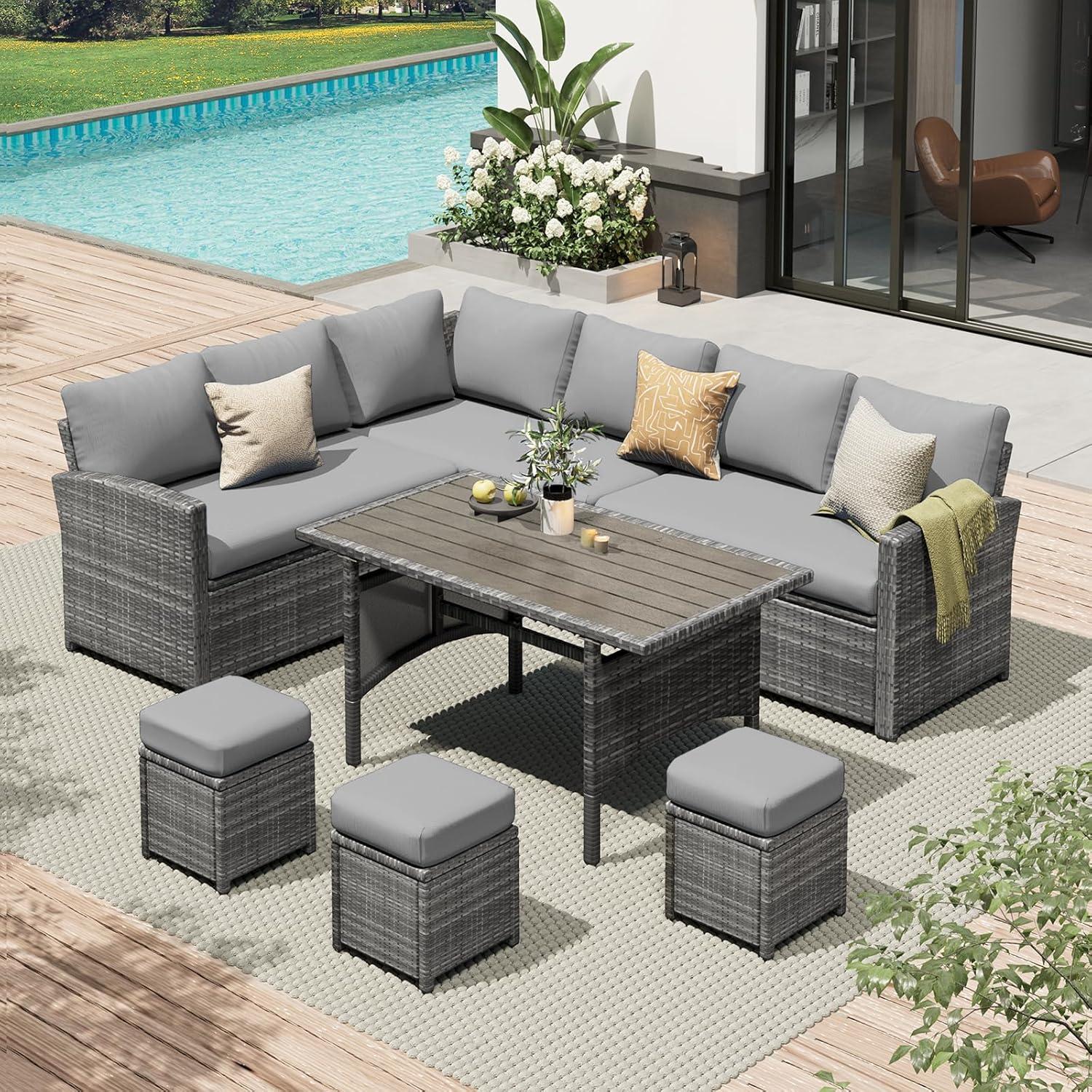 AECOJOY Patio Furniture Set, 7 Pieces Outdoor Patio Furniture with Dining Table&Chair, All Weather Wicker Conversation Set with Ottoman, Grey Rattan&Grey Cushion