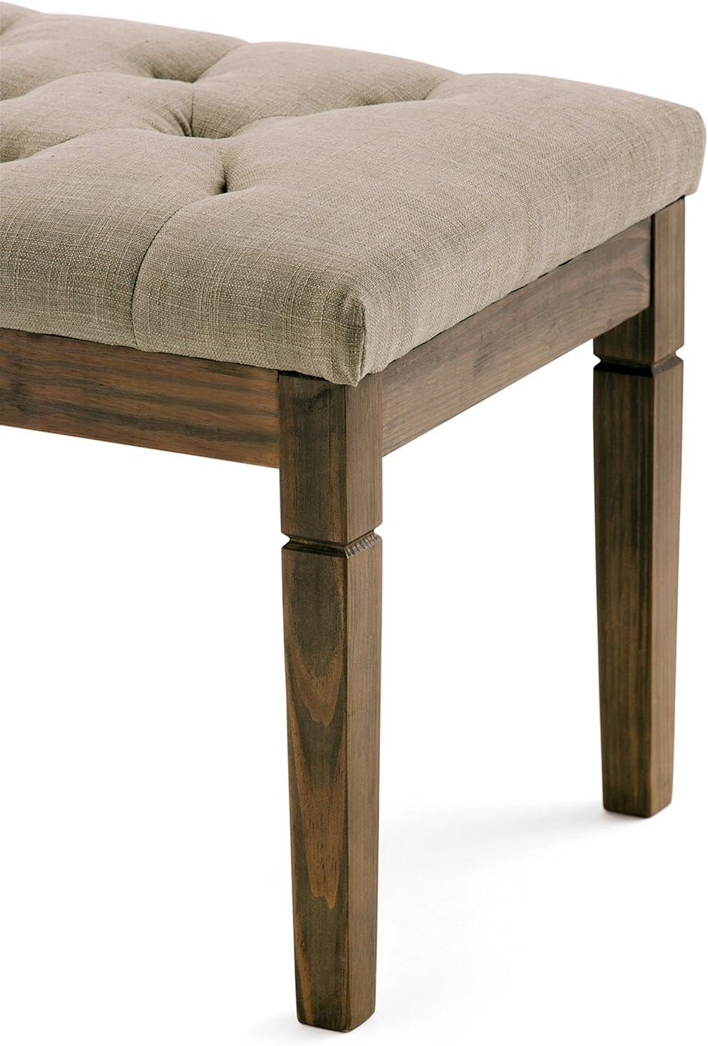 Elegant Natural Linen Tufted Pine Wood Rectangular Bench Ottoman